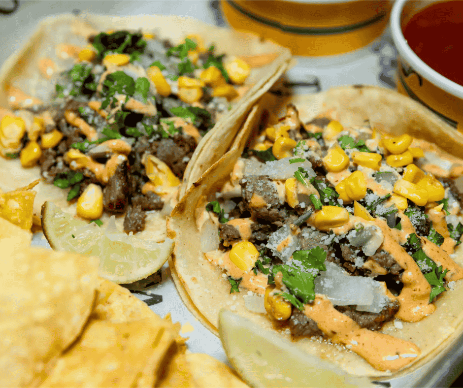Mexican Street Corn Steak Tacos at Taco Bus