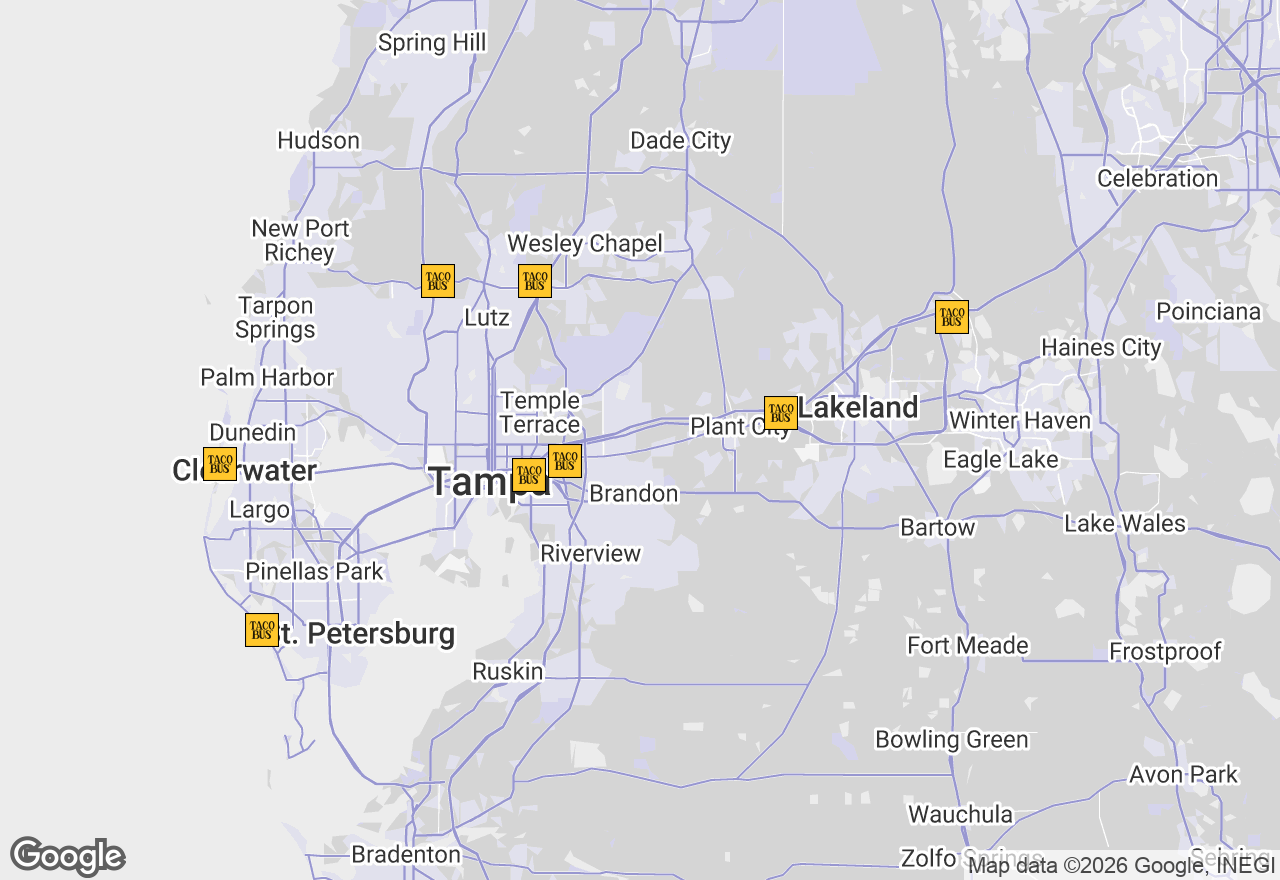 Map of all Taco Bus locations across Tampa Bay